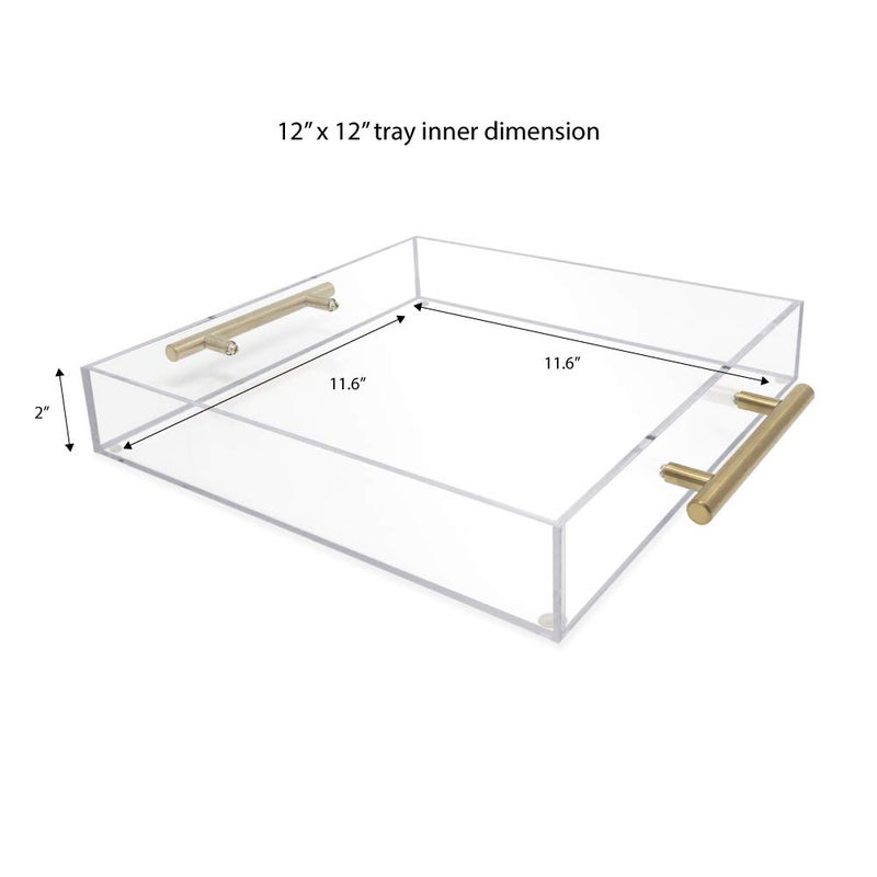 Isaac Jacobs Clear Acrylic Serving Tray (12x12) with Gold Metal Handles, Spill-Proof, Stackable Organizer, Food & Drinks Server, Indoors/Outdoors, Lucite Storage DÃ©cor (12x12, Clear with Gold Handle) - Image 2